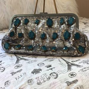 Clutch Silver Sequin Purse with Turquoise Stones